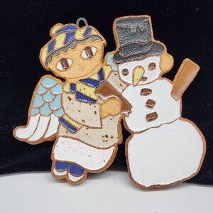 St. Andrews Handmade Angel & Snowman Ceramic Ornament Stamp Signed 4.25x3.75